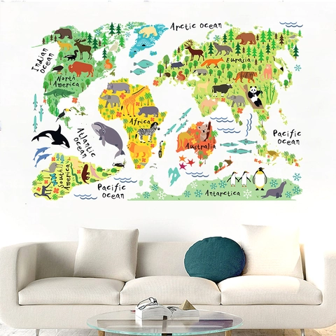 Educational Animal World Map Wall Sticker Waterproof Self Adhesive Cartoon Continents Map Decal For Kids Room School Decor