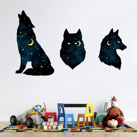 Stickers Muraux Silhouette Loup Ciel Étoilé en PVC Imperméable Décalcomanies Murales Artistiques pour Chambre Salon Décoration Enfants