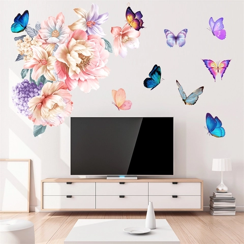 Große Pfingstrose Und Schmetterling Wandtattoo Wasserdicht PVC Aquarell Blume Aufkleber Für Wohnzimmer Schlafzimmer Deko