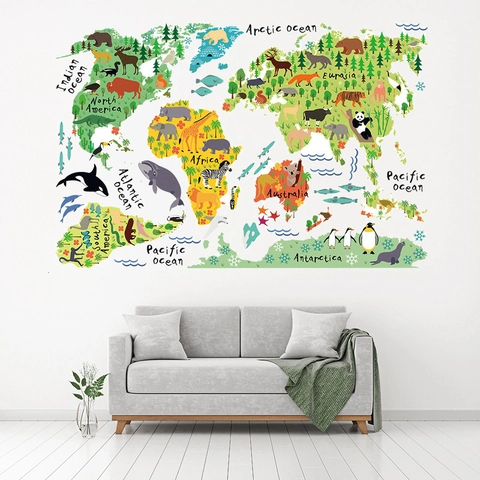 Educational Animal World Map Wall Sticker Waterproof Self Adhesive Cartoon Continents Map Decal For Kids Room School Decor