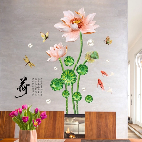 Pegatina de Pared de Loto y Pez Koi Estilo Chino PVC Impermeable Mural para Sala de Estar Dormitorio Fondo de TV Decoración