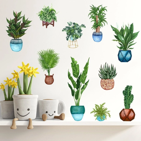 Modern PVC Green Plant Lotus Flower Wall Sticker Removable Waterproof Self-Adhesive Mural For Living Room Study Home Decor