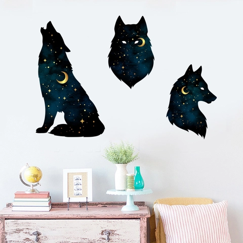 Stickers Muraux Silhouette Loup Ciel Étoilé en PVC Imperméable Décalcomanies Murales Artistiques pour Chambre Salon Décoration Enfants