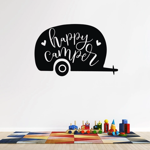 Adesivo da Parete in Vinile Happy Camper Camper Decalcomania Rimovibile per Soggiorno Camera da Letto Cameretta Nero