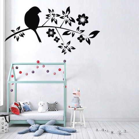 Adesivo da Parete Uccello Nero sul Ramo PVC Impermeabile Silhouette Decalcomania per Soggiorno Camera da Letto Decorazione