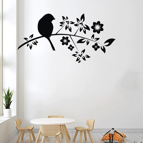 Adesivo da Parete Uccello Nero sul Ramo PVC Impermeabile Silhouette Decalcomania per Soggiorno Camera da Letto Decorazione