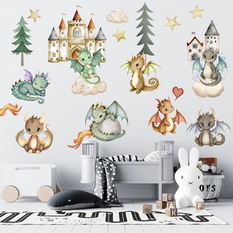 Cartoon Dinosaur Castle Wall Stickers Watercolor Hand Drawn PVC Waterproof Self Adhesive Decals For Kids Bedroom Decor