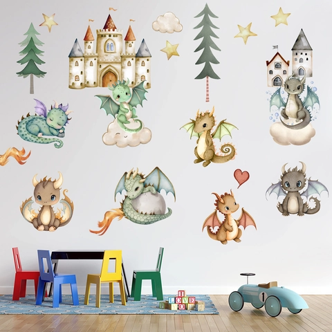 Cartoon Dinosaur Castle Wall Stickers Watercolor Hand Drawn PVC Waterproof Self Adhesive Decals For Kids Bedroom Decor