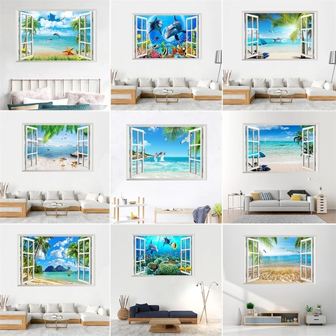 Sticker Mural 3D Fausse Fenêtre Plage Tropicale Mer Dauphin Paysage PVC Étanche Autocollant Mural Décoration Maison Fond Art