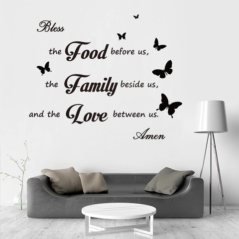 Inspirational English Prayer Wall Decal Bless The Food Family Love Quote Removable PVC Wall Stickers With Butterfly Decor