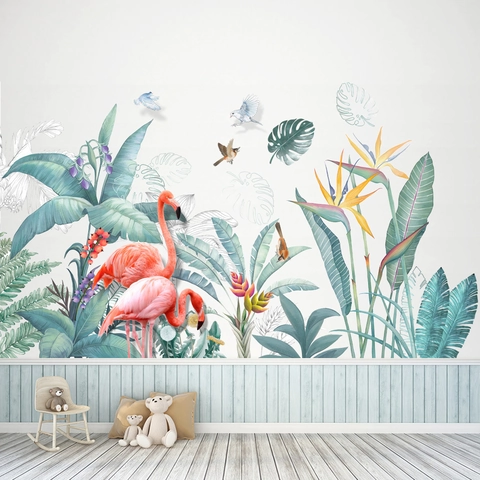 Adesivi Murali Con Fenicotteri E Foglie Di Monstera PVC Impermeabile Removibile Per Soggiorno Camera Da Letto Casa