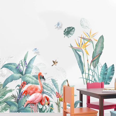 Adesivi Murali Con Fenicotteri E Foglie Di Monstera PVC Impermeabile Removibile Per Soggiorno Camera Da Letto Casa