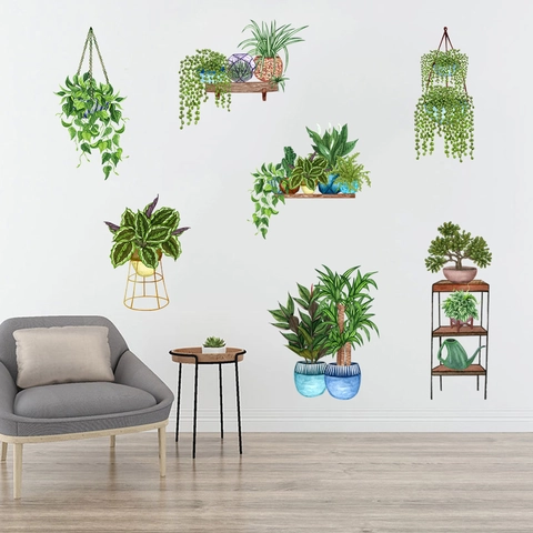 Nordici Acquerello Piante Verdi in Vaso Adesivi Murali Impermeabile PVC Foglia Cesto Appeso Decalcomanie per Soggiorno Casa