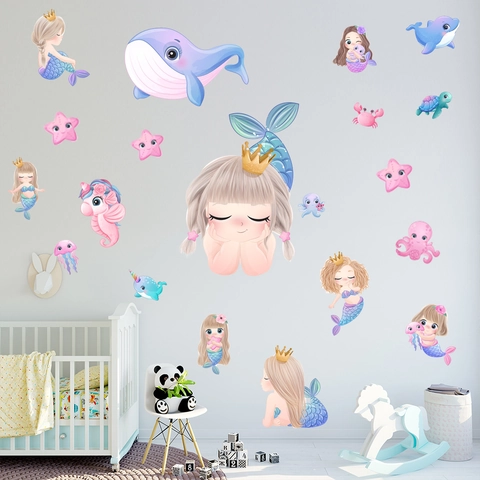 Adesivo da Parete Mondo Marino Sirena Balena Cartone Animato PVC Impermeabile Removibile Autoadesivo per Camera Bambini