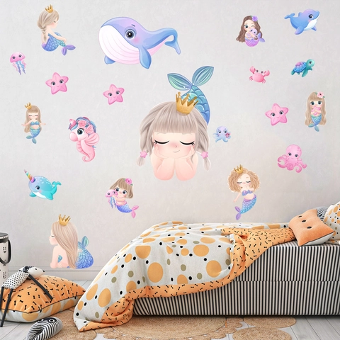 Adesivo da Parete Mondo Marino Sirena Balena Cartone Animato PVC Impermeabile Removibile Autoadesivo per Camera Bambini