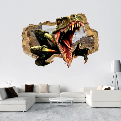 Sticker Mural 3D Dinosaure Effet Mur Brisé PVC Imperméable Autocollant Amovible pour Chambre d'Enfant Salon Décoration Maison