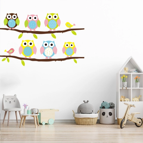 Pegatina de Pared de Búho y Pájaro de Dibujos Animados Rama de Árbol PVC Impermeable Autoadhesivo para Dormitorio Infantil Sala