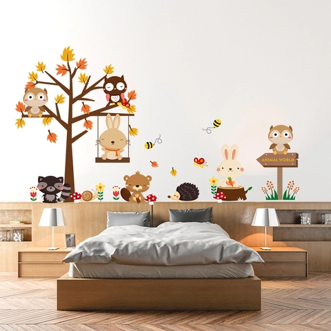 Cartoon Forest Animal Tree Wall Stickers Waterproof PVC Fox Rabbit Owl Decals For Kids Nursery Room Bedroom Playroom Decor