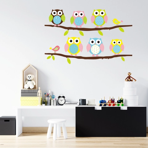 Pegatina de Pared de Búho y Pájaro de Dibujos Animados Rama de Árbol PVC Impermeable Autoadhesivo para Dormitorio Infantil Sala