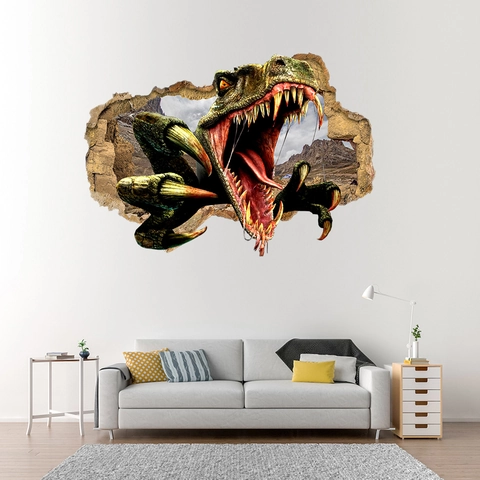 Sticker Mural 3D Dinosaure Effet Mur Brisé PVC Imperméable Autocollant Amovible pour Chambre d'Enfant Salon Décoration Maison