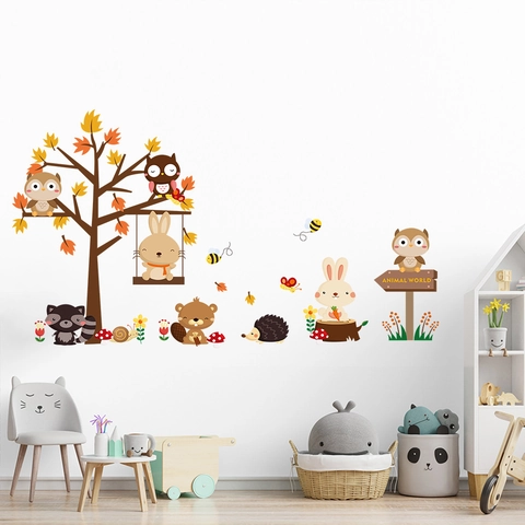 Cartoon Forest Animal Tree Wall Stickers Waterproof PVC Fox Rabbit Owl Decals For Kids Nursery Room Bedroom Playroom Decor