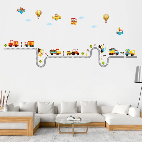 Cartoon Transportation Road Construction Vehicles Hot Air Balloon Airplane Wall Stickers For Kids Room PVC Decor