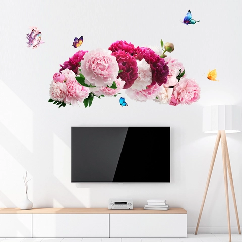 Moderne PVC Pfingstrose Schmetterling Wandaufkleber Wasserdicht Abnehmbare Blumen Dekal Für Wohnzimmer Schlafzimmer Home Dekoration