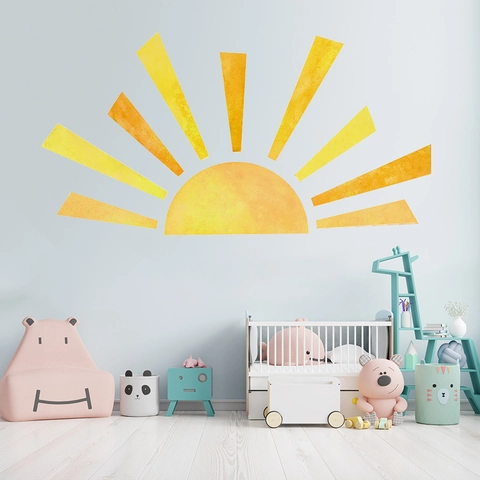 Adesivo da Parete Sole Arcobaleno Acquerello PVC Impermeabile Removibile Decalcomania Raggi di Sole per Cameretta Bambini Casa