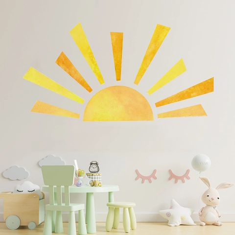 Adesivo da Parete Sole Arcobaleno Acquerello PVC Impermeabile Removibile Decalcomania Raggi di Sole per Cameretta Bambini Casa