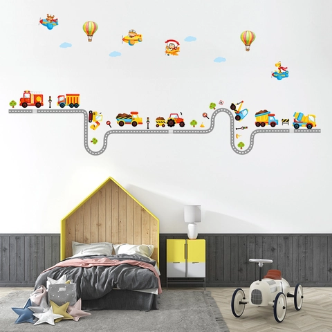 Cartoon Transportation Road Construction Vehicles Hot Air Balloon Airplane Wall Stickers For Kids Room PVC Decor