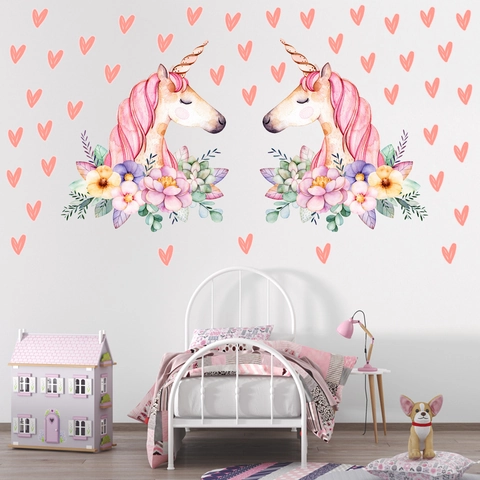 Aquarell Einhorn Herz Wandtattoo Für Kinderzimmer Abnehmbare PVC Blumen Märchen Dekorative Tapete Haus Aufkleber
