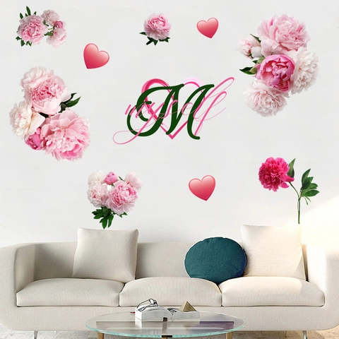 Verwijderbare Pioen Bloem Muursticker Waterdicht PVC Roze Bloemen Groene Bladeren Harten Letter M DIY Muursticker Woonkamer