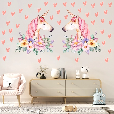 Aquarell Einhorn Herz Wandtattoo Für Kinderzimmer Abnehmbare PVC Blumen Märchen Dekorative Tapete Haus Aufkleber