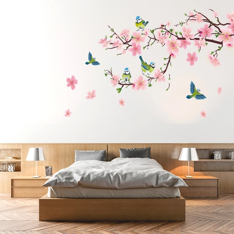 Adhesivo de Pared Rama de Flor de Cerezo y Pájaro PVC Autoadhesivo para Sala de Estar Dormitorio Habitación Infantil Decoración del Hogar