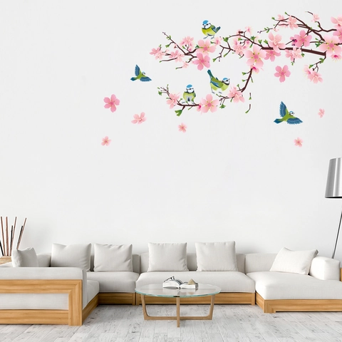 Adhesivo de Pared Rama de Flor de Cerezo y Pájaro PVC Autoadhesivo para Sala de Estar Dormitorio Habitación Infantil Decoración del Hogar