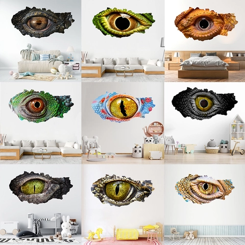 Sticker Mural 3D Oeil de Dinosaure Réaliste PVC Imperméable Effet de Mur Fissuré Décoration pour Chambre d'Enfant Salon Maison