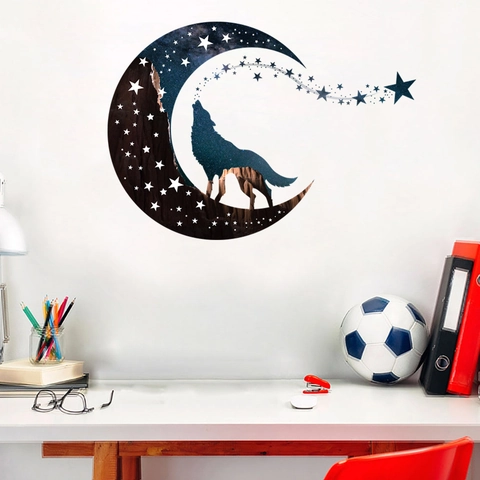 Sticker Mural Loup Lune Ciel Étoilé PVC Imperméable Amovible Décalcomanie pour Salon Chambre à Coucher Décoration Intérieure