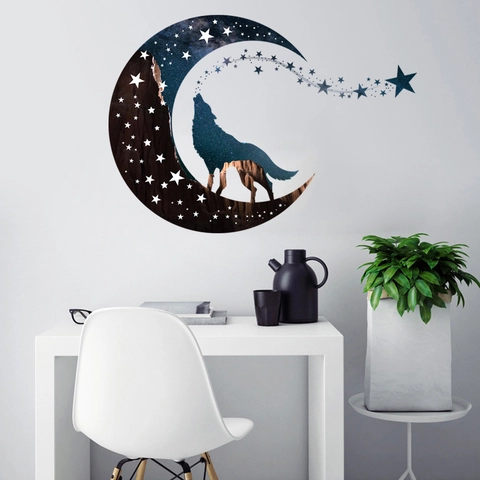 Sticker Mural Loup Lune Ciel Étoilé PVC Imperméable Amovible Décalcomanie pour Salon Chambre à Coucher Décoration Intérieure