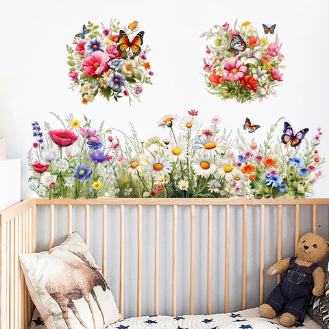 Adesivi Murali Pastorali Con Farfalle e Fiori Prato in PVC Impermeabile Autoadesivo per Cameretta Bambini Soggiorno Camera da Letto