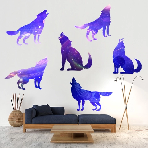 Starry Night Wolf Silhouette Wall Stickers Galaxy Space Animal Wall Decals Self Adhesive PVC Waterproof Wall Art Decor
