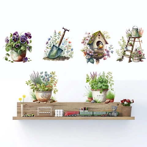Adesivo da Parete Piante Giardino Acquerello PVC DIY Floreale Casetta Uccelli Decalcomania Rimovibile per Soggiorno Camera Decorazione