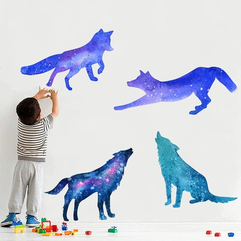 Adesivi Murali Silhouette Lupo e Volpe Galassia Acquerello PVC Impermeabile Removibile DIY Murale per Decorazione Casa