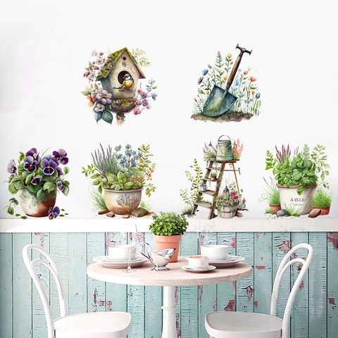 Adesivo da Parete Piante Giardino Acquerello PVC DIY Floreale Casetta Uccelli Decalcomania Rimovibile per Soggiorno Camera Decorazione