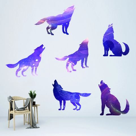 Starry Night Wolf Silhouette Wall Stickers Galaxy Space Animal Wall Decals Self Adhesive PVC Waterproof Wall Art Decor
