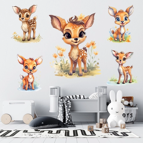 Cartoon Deer Flowers Grass Wall Stickers PVC Waterproof DIY Wall Decals For Kids Room Nursery Bedroom Home Decoration