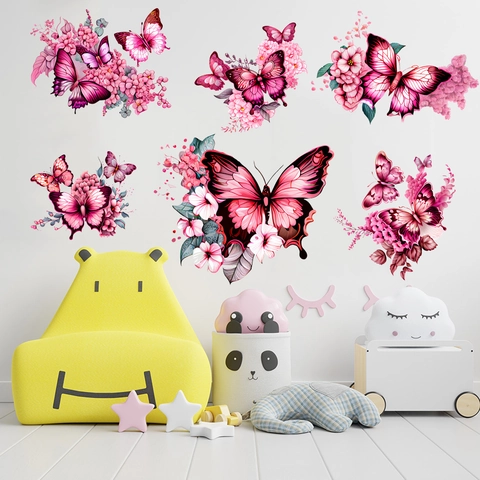Adhesivo de Pared de Mariposa y Flor Rosa Magenta PVC Impermeable Extraíble Para Sala de Estar Dormitorio Infantil Decoración