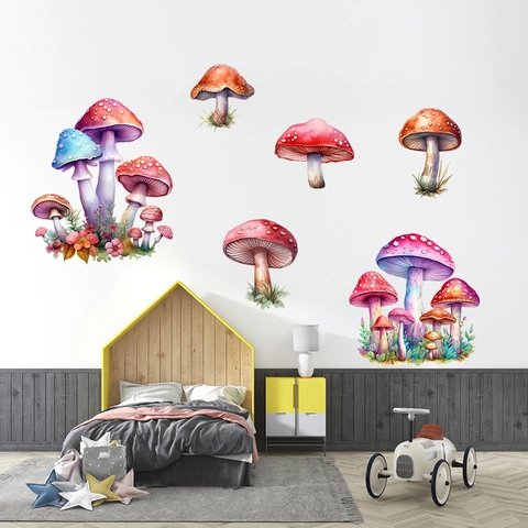 Watercolour Mushroom Wall Stickers PVC Waterproof Removable Decals For Kids Room Bedroom Living Room Home Decor DIY Wall Mural