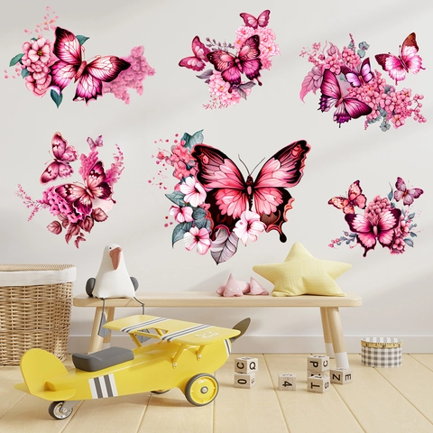 Adhesivo de Pared de Mariposa y Flor Rosa Magenta PVC Impermeable Extraíble Para Sala de Estar Dormitorio Infantil Decoración
