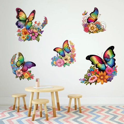 Bunte Schmetterling und Blume Wandaufkleber PVC Wasserdicht Selbstklebend Regenbogen Wandtattoos für Kinderzimmer Wohnkultur
