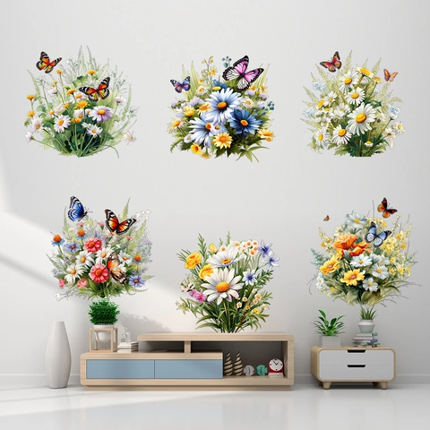 Bunte Wildblumen Schmetterling Wandsticker Abnehmbare PVC Blumen Wandtattoos Für Wohnzimmer Schlafzimmer Flur Haus Deko
